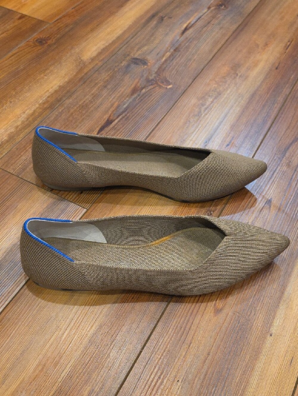 Rothy's Pointed Toe Knit Flats in Brown with Blue Trim - Picture 2 of 9
